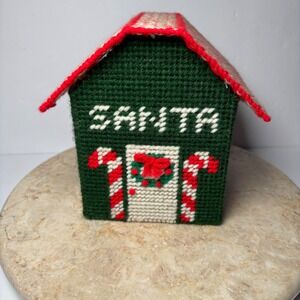 Handmade Plastic Canvas Santa House Christmas Decor 3D Needlepoint‎ Vtg Village